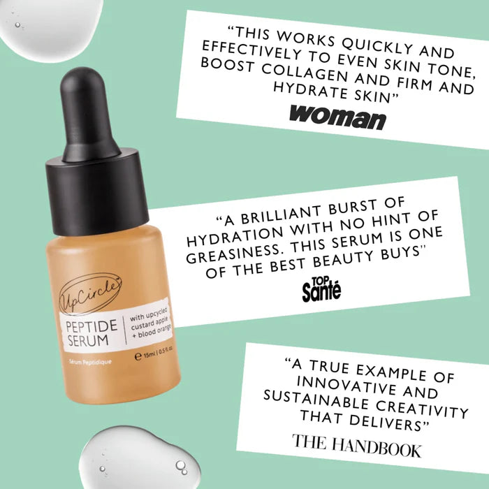UpCircle Peptide Serum bottle with product reviews on a light green background