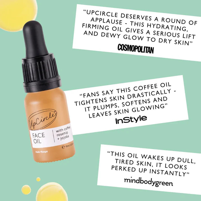 UpCircle Face Oil bottle with positive reviews on a light green background